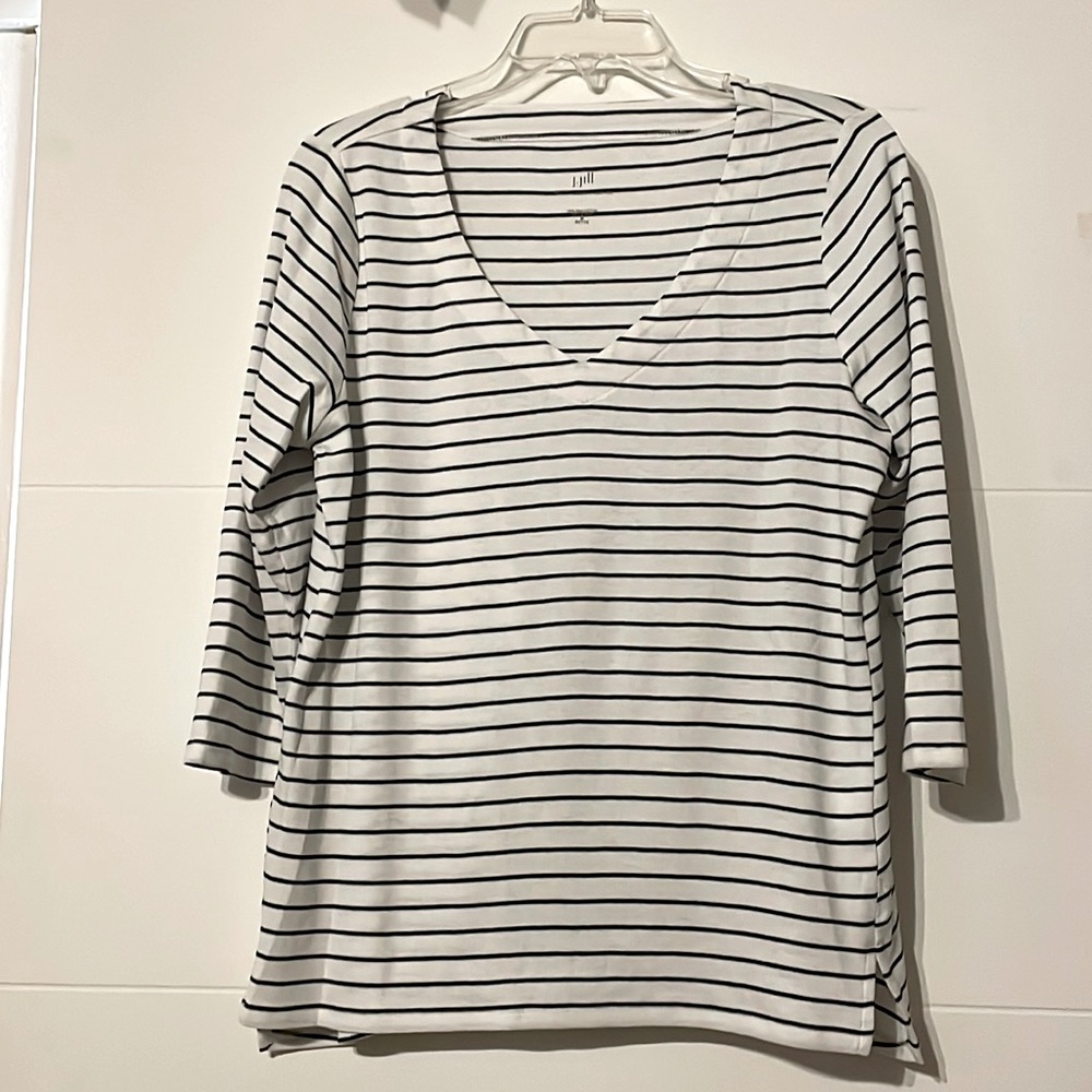 J. Jill Women’s 100% Pima Cotton 3/4 sleeve white/black striped jersey, M petite